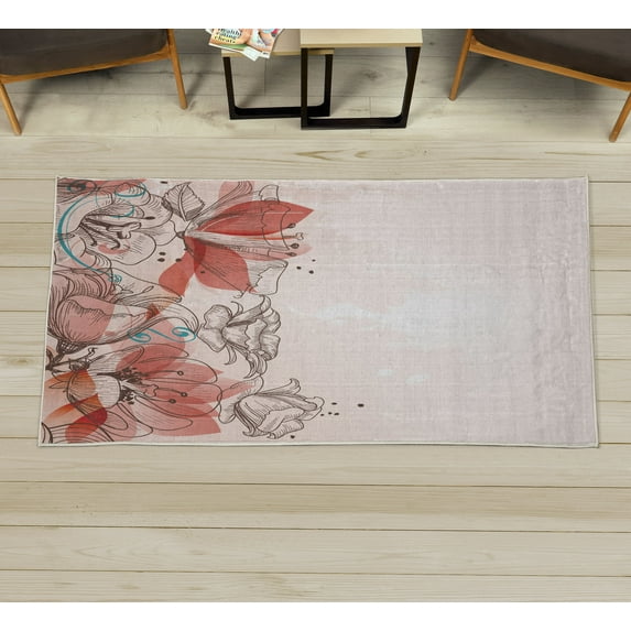 Flower Decorative Rug, Retro Floral Background Hibiscus Silhouettes Dramatic Romantic Nature Art, Quality Carpet for Bedroom Dorm and Living Room, 6 Sizes, Coral White, by Ambesonne