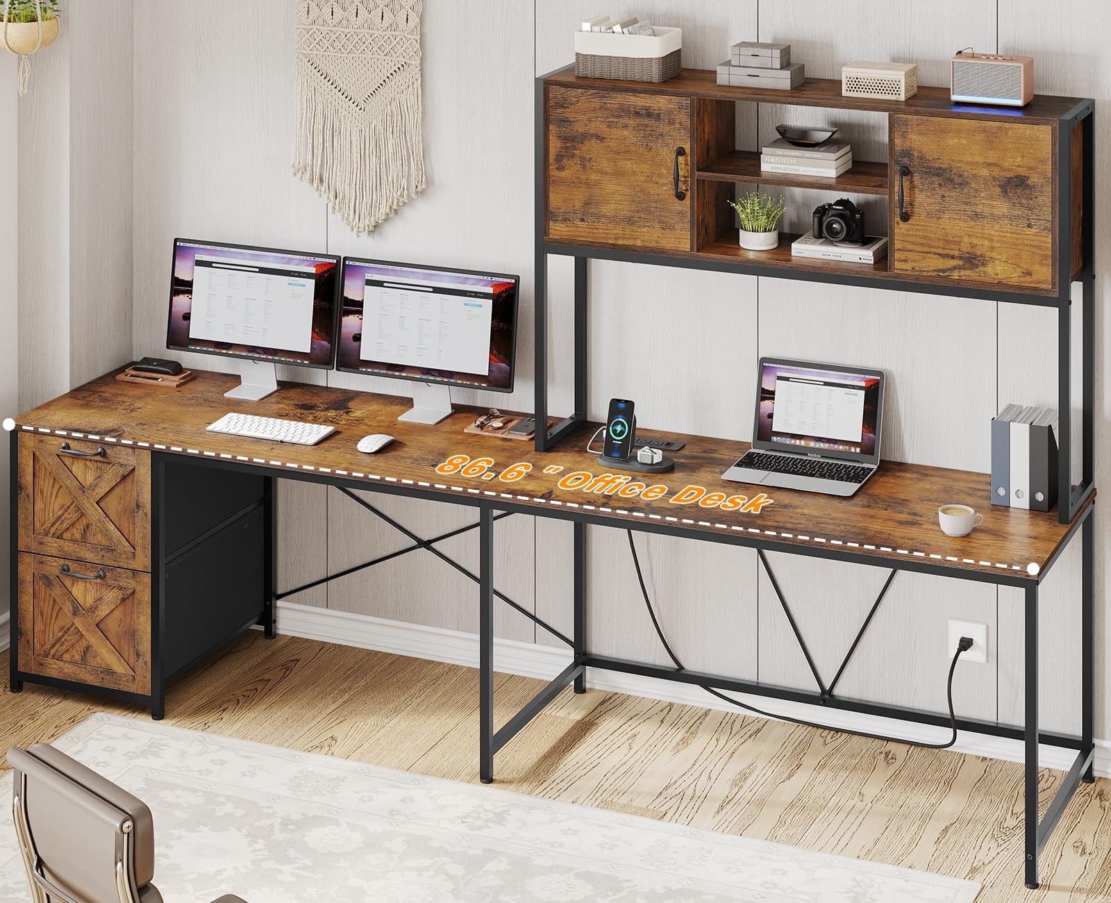 SEDETA L Shaped Desk with Drawers, 62.2" Home Office Desk with Fabric File Drawers and Power Outlet, L Shaped Desk with Hutch, Storage Shelves, LED Lights, Rustic Brown