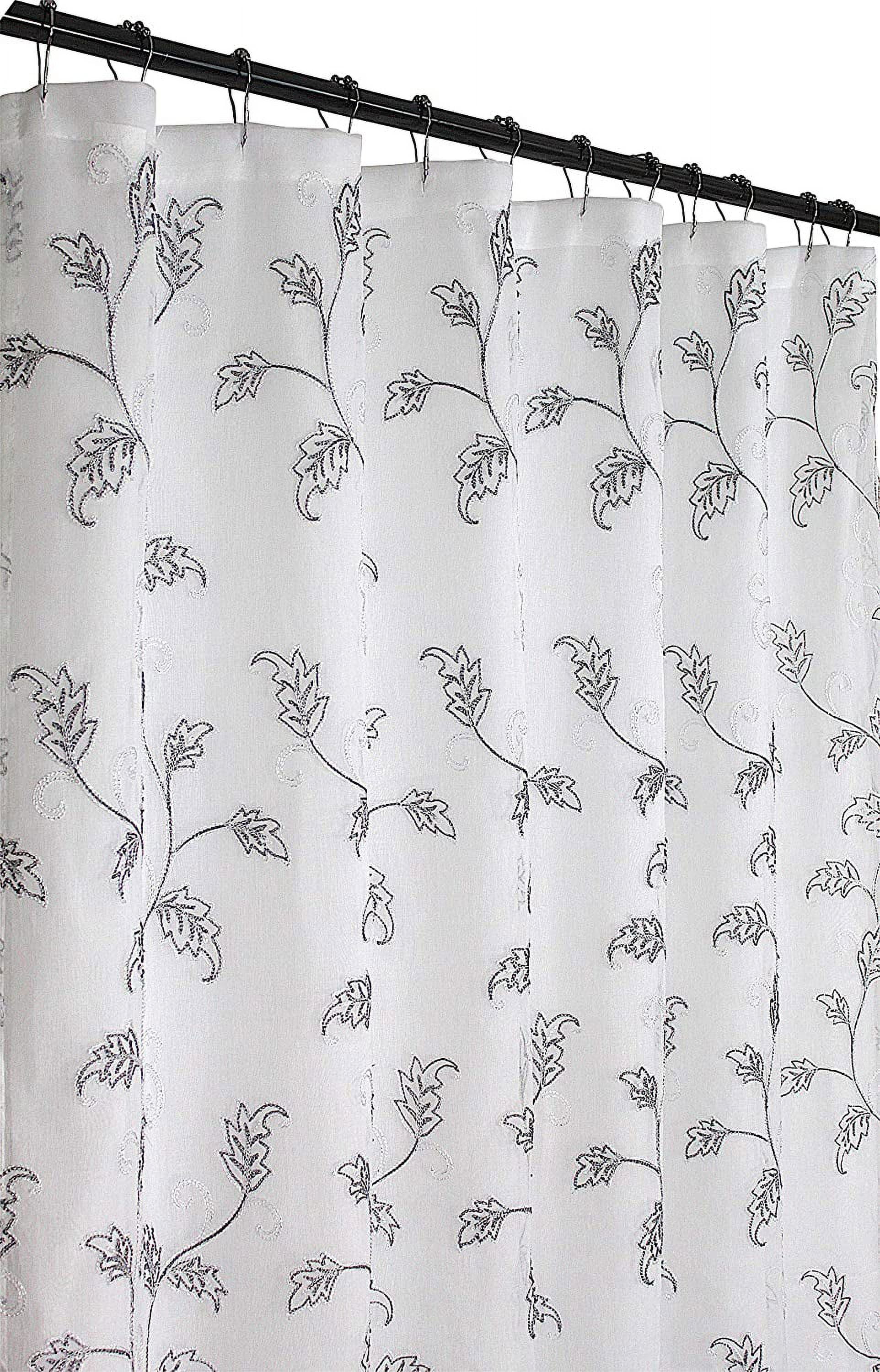 Serafina Home Decorative Sheer Fabric Shower Curtain: Gray and White Embroidered Leaves with Metallic Threading