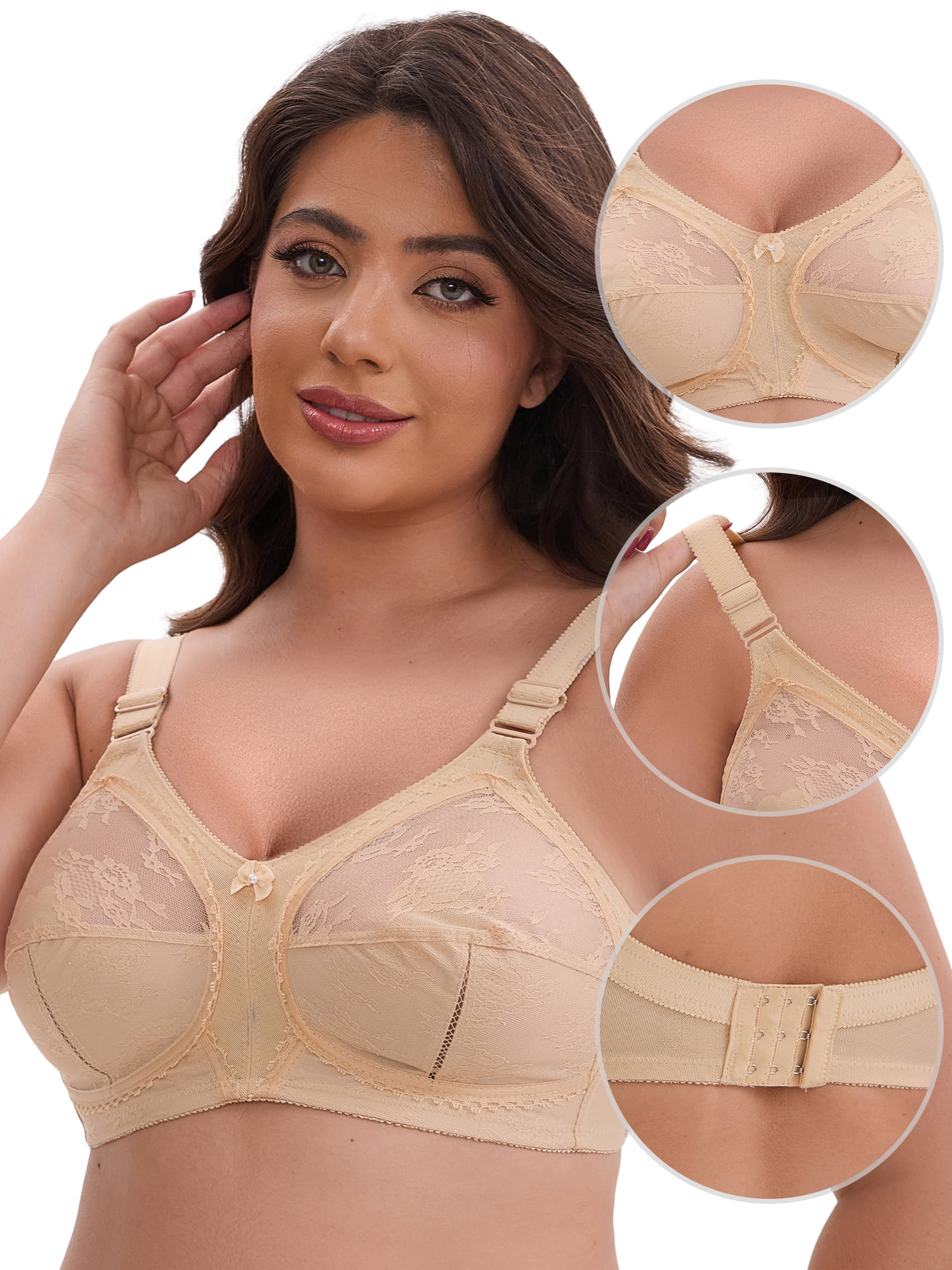 DARING DIVA Women's V-Neck Full Cup Wireless Bralette Lace Mesh 44D Beige