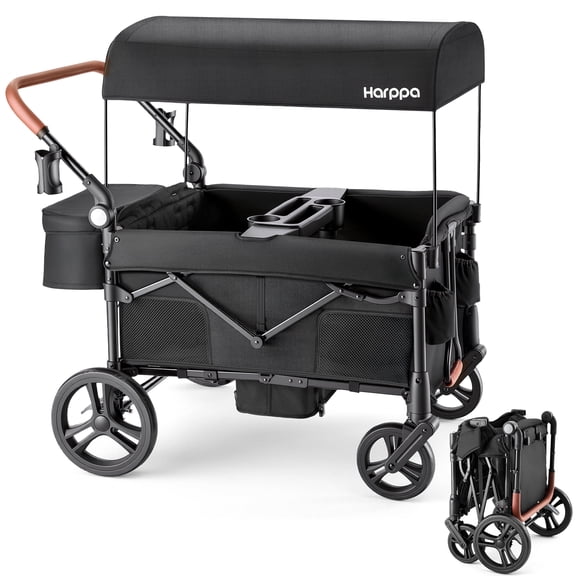 HARPPA Foldable Wagon Stroller for 4 Kids, Quad Stroller Wagon with 5-Point Harness, Large Canopy, Mosquito Net & Storage Basket, Adjustable Push/Pull Handle, Compact Fold, Black