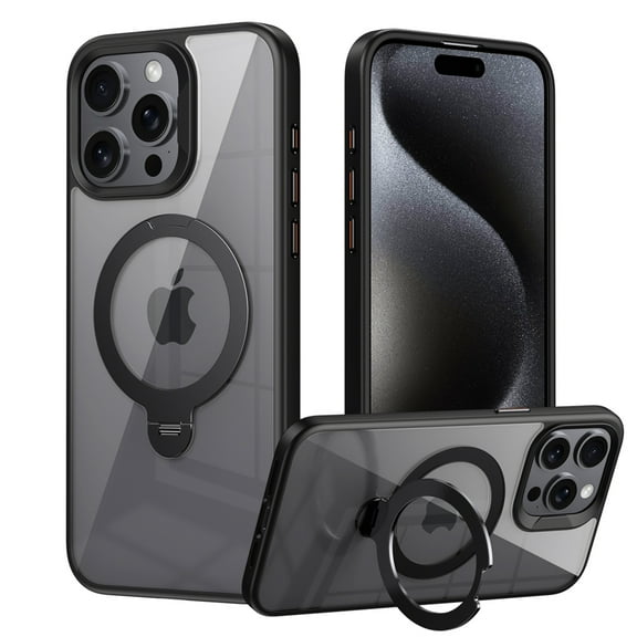 ShellTech for iPhone 15 Pro  Magnetic Ring Stand Case [Military Drop Protection] [Compatible with MagSafe] Matte Translucent Slim iPhone 15 Pro Case 6.1",Black