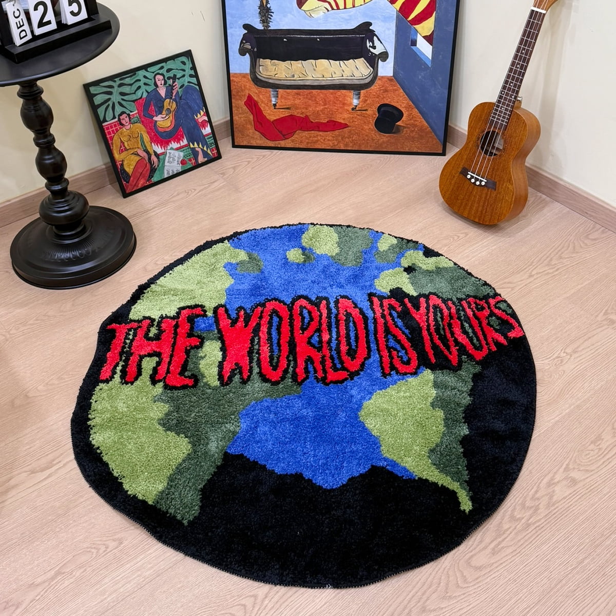 LAKEA Trendy The World Is Yours' Globe Tufted Rug Round Fluffy Shaggy Carpet Black Blue Green Red Non-Slip Absorbent Bath Mat Living