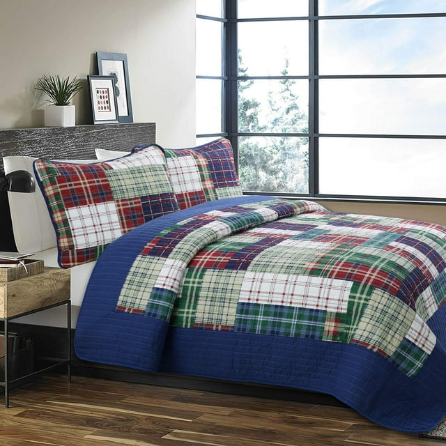 Cozy Line Home Fashions Ensemble de Literie Courtepointe 100 % Coton à Carreaux Bleu Marine Vert Rouge, Couvre-Lit Réversible, Jeté de Lit (Maquette d'Angleterre, Grand Lit - 3 Pcs)