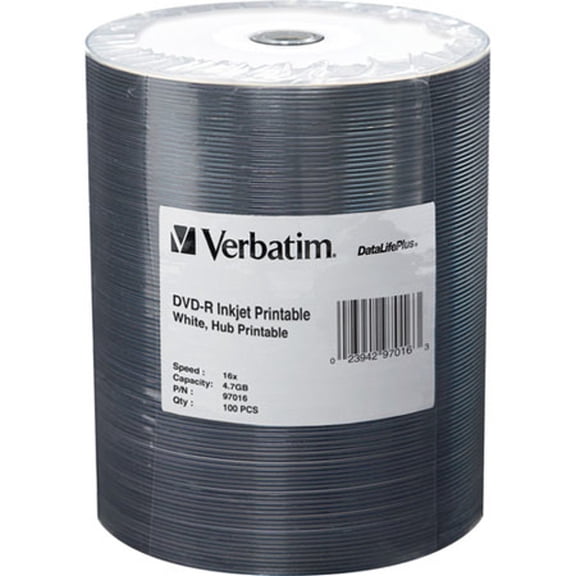 Verbatim DVD-R, 4.7 GB 16x DataLifePlus, White Inkjet Printable, Hub Printable, 100 Pack on Spindle