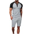 thumbnail image 1 of Pantalones de los Hombres Cintura Elástica, Color Casual Bloqueado, Manga Corta Cuello Redondo Bolsillo Shorts Conjunto, 1 of 8