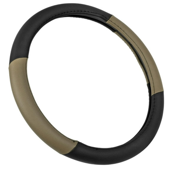 BDK Sporty Two Tone Ergonomic Grip Steering Wheel Cover - Plush Leather Grip for Standard Size Wheels 14.5-15 inch Beige/Black