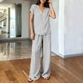 thumbnail image 3 of Ohufall Women's Two Pieces Sets V Neck Short Sleeve Loose Tops + Wide Leg Pocket Lounge Pants Striped Sets, 3 of 5