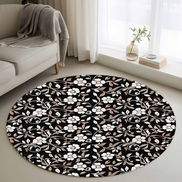 4ft Round Rug Black White Floral Area Rugs for Living Room Bedroom