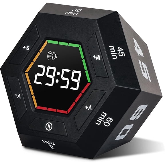 Pomodoro Timer,Hexagon Cube Magnetic Flip,ADHD Tools for Adults/Kids Task Timer for Office, Study, Exercise, Meditation,3/5/15/30/45/60min&Custom Digital Countdown, Adjustable Sound,Black
