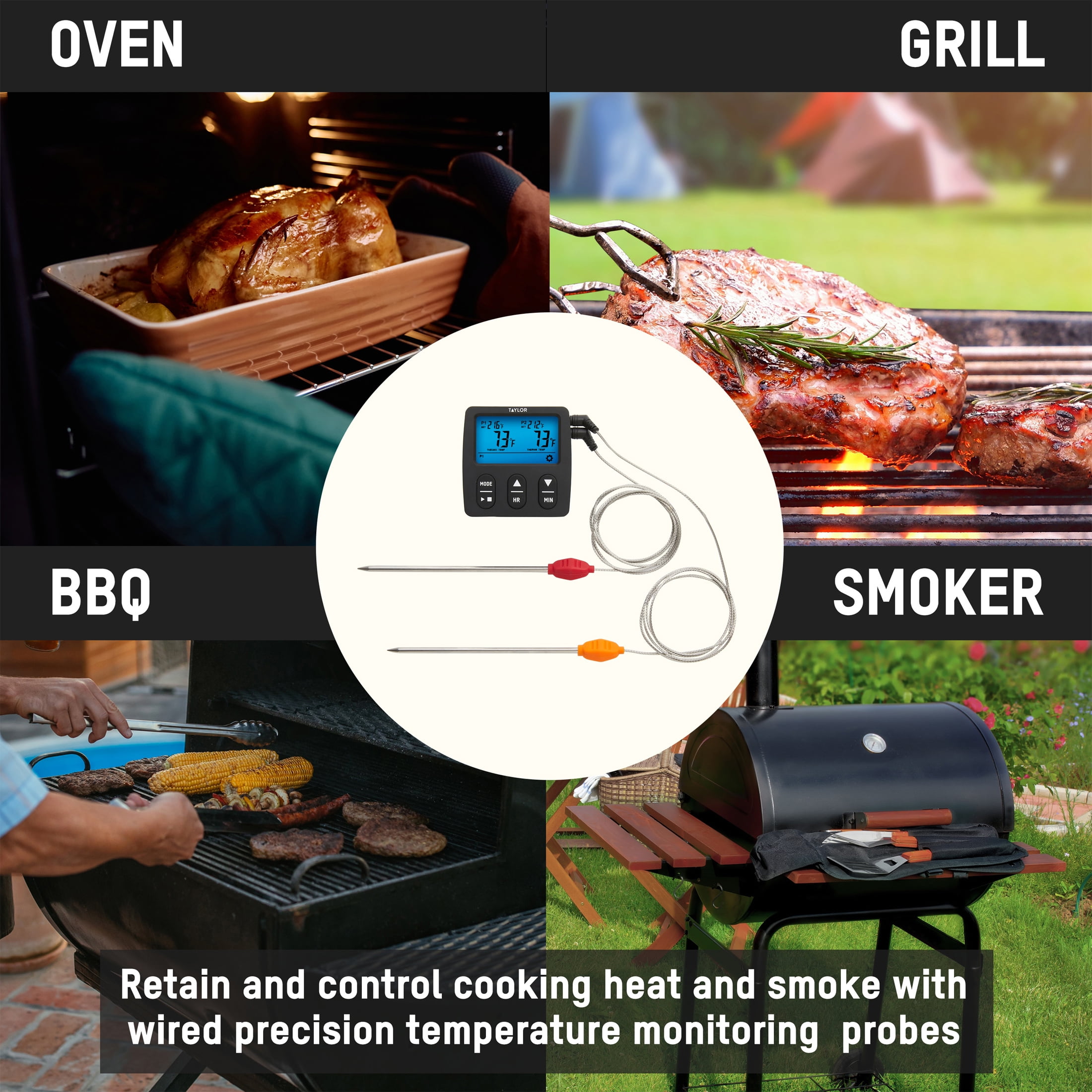 Taylor Programmable Dual Probe Digital Grill Food Thermometer, Stainless Steel, Black