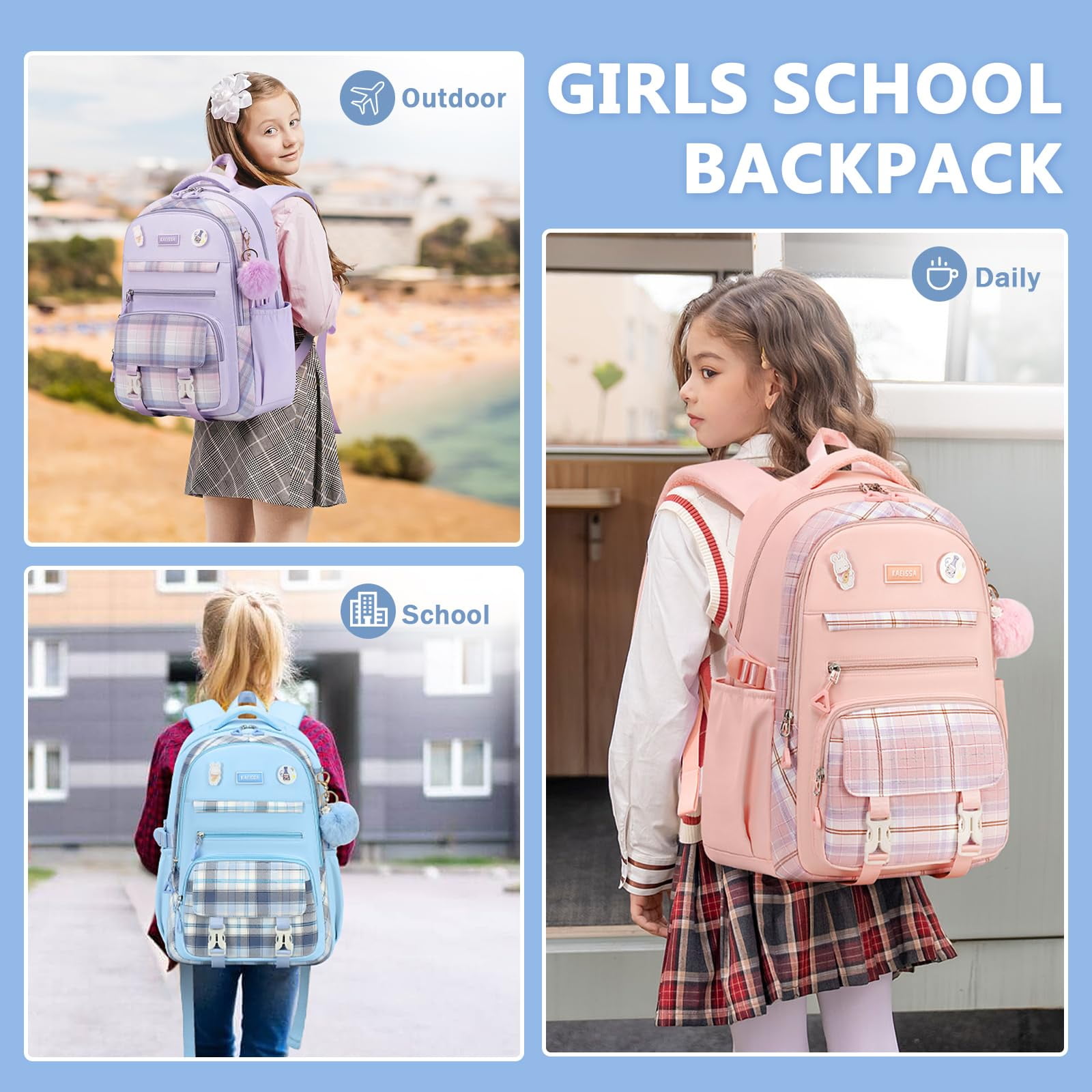 Soda Candy Girls Backpacks for School Kawaii Large Bookbag with Multiple Compartments Lightweight Casual Daypack for Teen Girls Primary Elementary Middle School College, Age 6-14, Blue
