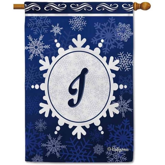 Welcome Winter Snowflake Monogram I Decorative House Flag Initial Letter Snow Deocr Banner for Inside and Outside 28x40 Inch Double Sided