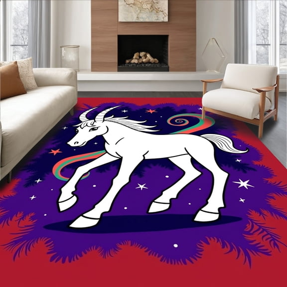 ODIKA 4'x6' Machine Washable Non-Slip Area Rug, Enchanted Mythical Creature Galloping Through Stars Dream Wonderland High Traffic Rug, Red, 724009