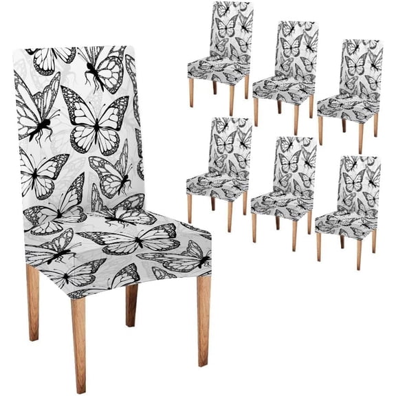 Butterfly Chair Covers Black and White Chair Covers Set of 6 for Dining Room Dining Chair Slipcover Washable Removable for Kitchen Hotel Universal Size