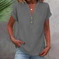 thumbnail image 2 of Women's V-Neck Linen T-Shirt with Button Loose Fits Short Sleeve Casual Tops Summer Lightweight Daily Tee,Dark Gray,S, 2 of 8