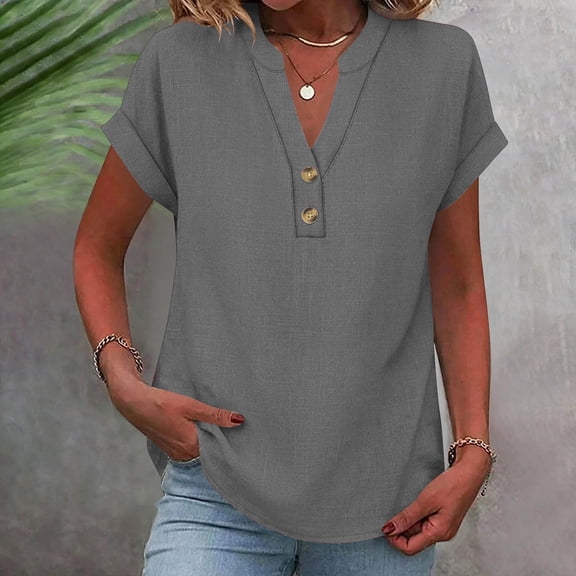 Gamivast Linen Linen Blouses for Women Dressy Casual Split V-Neck Basic Tees Short Sleeve Summer Shirts Solid Color Simple Work Wear Outfits