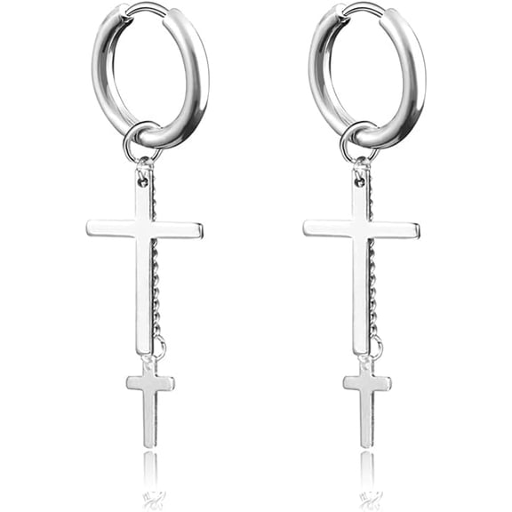 Punk Double Cross Small Hoop Huggie Dangle Earrings for Men Women Kpop Stainless Steel Hypoallergenic Christian Religious Cool Tassel Drop Piercing Earring Hip Hop Personalized Jewelry Gifts