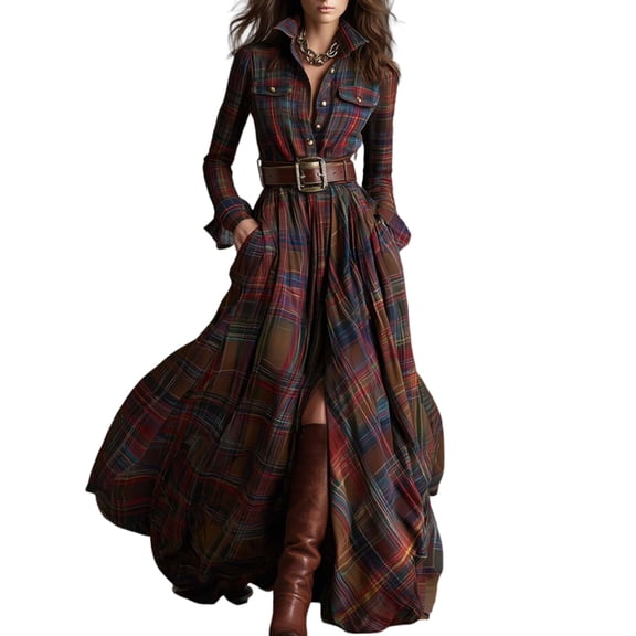 Plaid Maxi Dress for Women Long Dress Vintage V-Neck Long-Sleeve Pastoral Style Dress Deep Red L