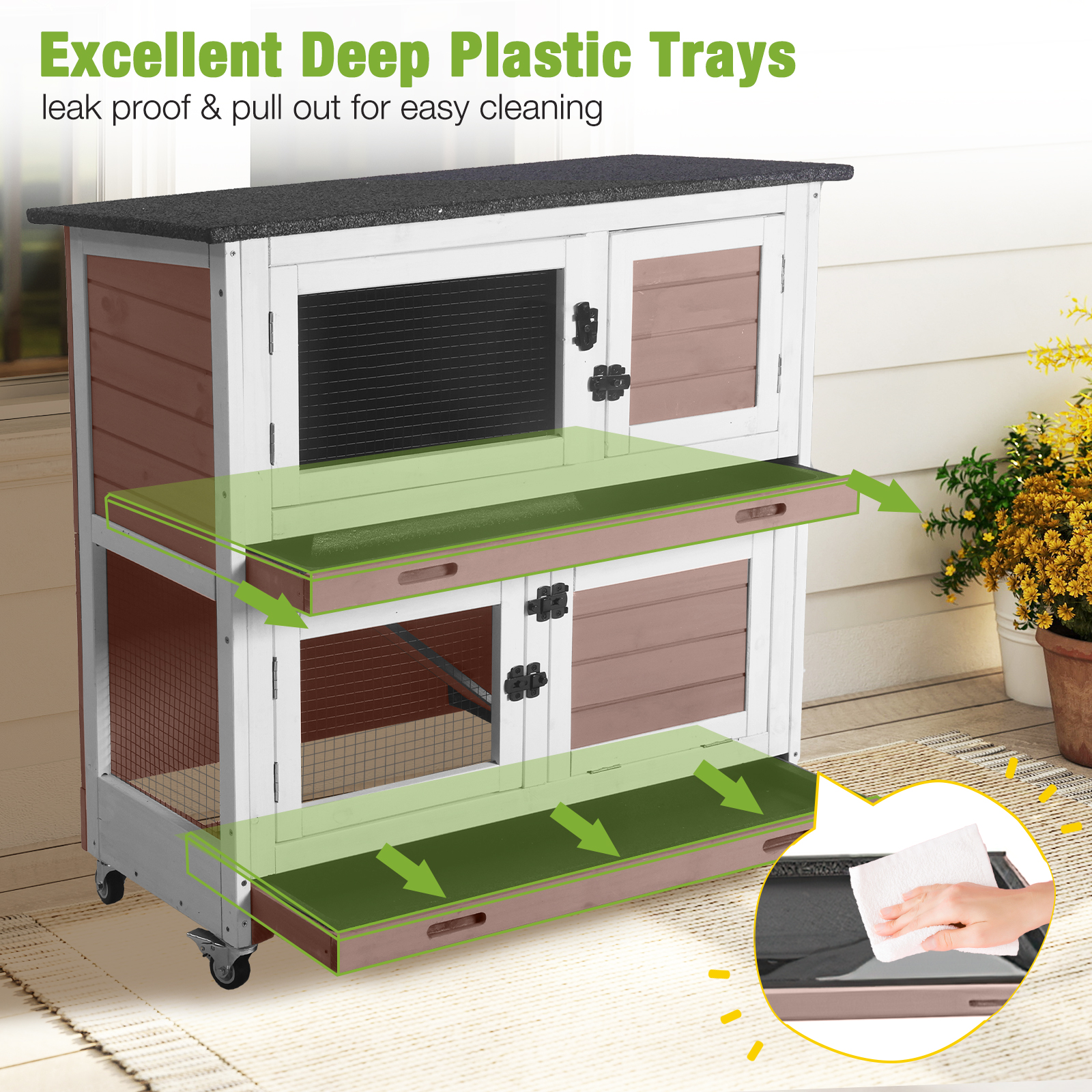 AIVITUVIN Wooden Rabbit Hutch Indoor Outdoor Rabbit Cage with Two Removable Trays Bunny Cage on Wheels Pet House Guinea Pig Cage 2 Story (Brown)
