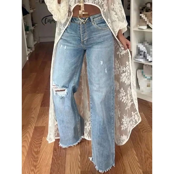 Light Wash Distressed High Waist Full Length Wide Leg Raw Hem Women's Jeans Casual Fall