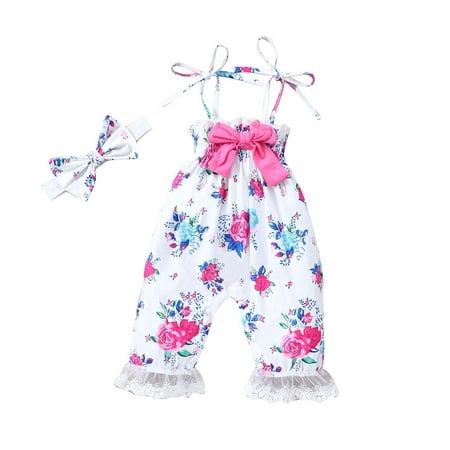 

TUOBARR Toddler Girl Summer Outfits Toddler Kids Boys Girls Summer Fashion Cute Flowers Print Suspenders Romper Jumpsuit Hairband Suit White 3-6 Months