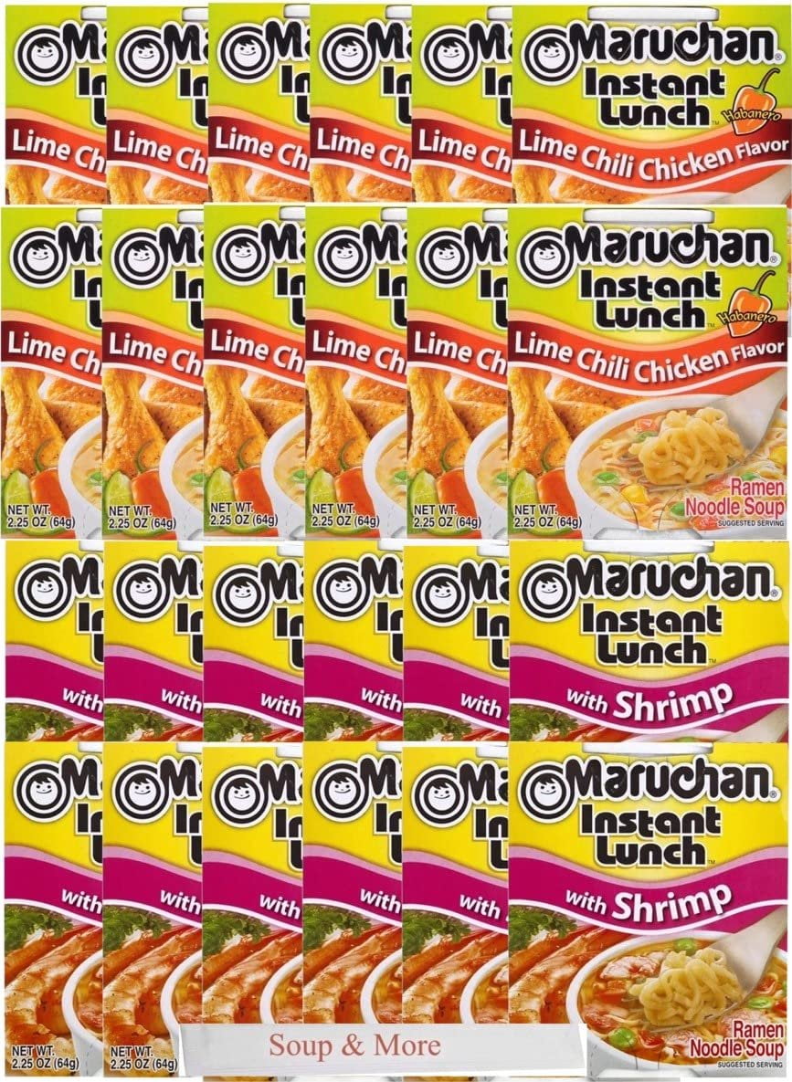 Maruchan Ramen Instant Cup Noodles 24 Count - 12 Shrimp Flavor & 12 Lime Chili Chicken Flavor Lunch / Dinner Variety, 2 Flavors
