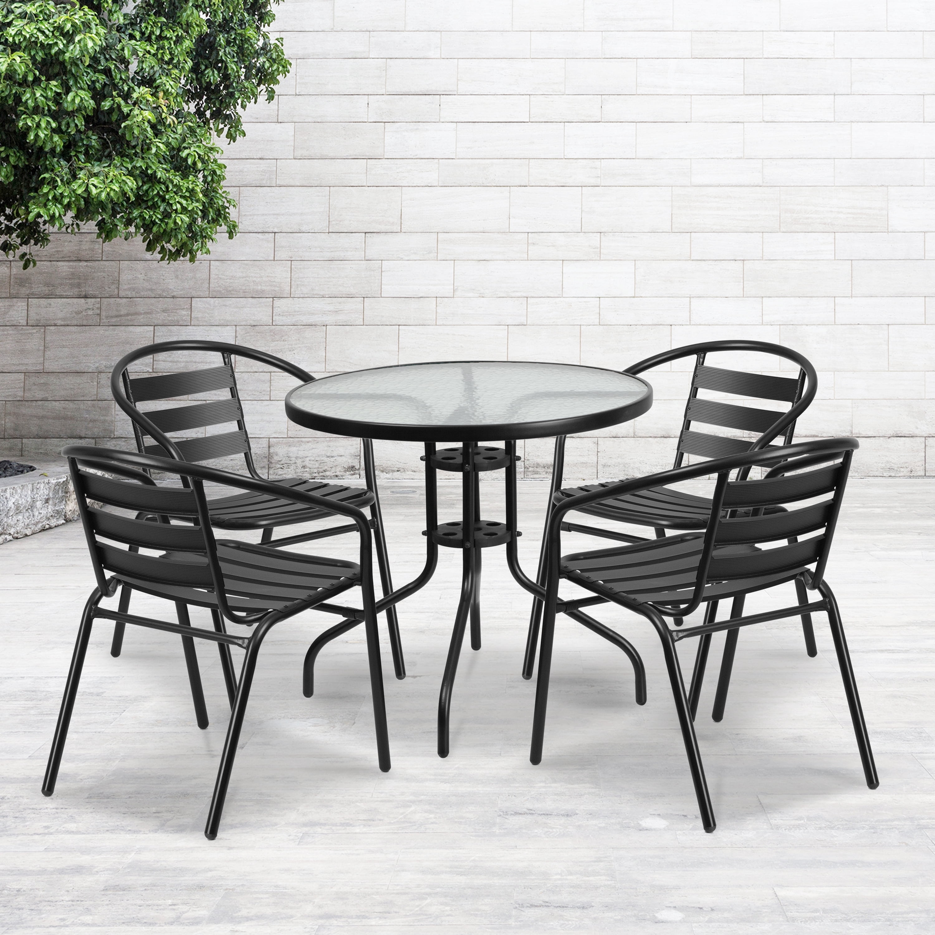 Flash Furniture Outdoor Patio Dining Set Round Glass Table Aluminum Chairs Walmart Com Walmart Com