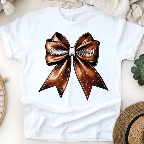 Football Bow T-Shirt | Sparkly Brown Game Day Graphic Tee for Women, White, Size S