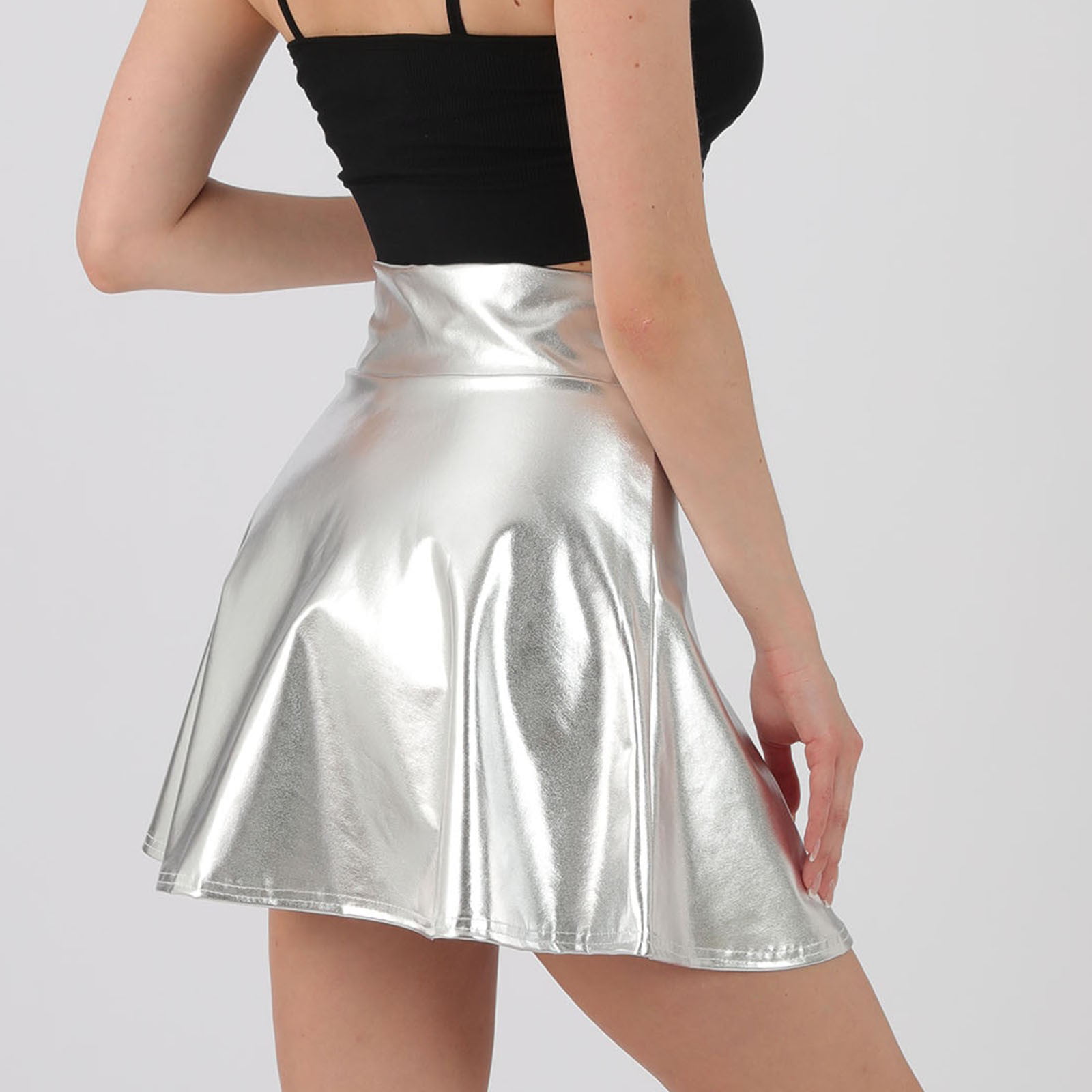 Womens Metallic Skirt Shiny Liquid Mini Skirt Metallic Holographic Pleated  Flared Skater Skirt High Waist Holographic Skirt Gray S