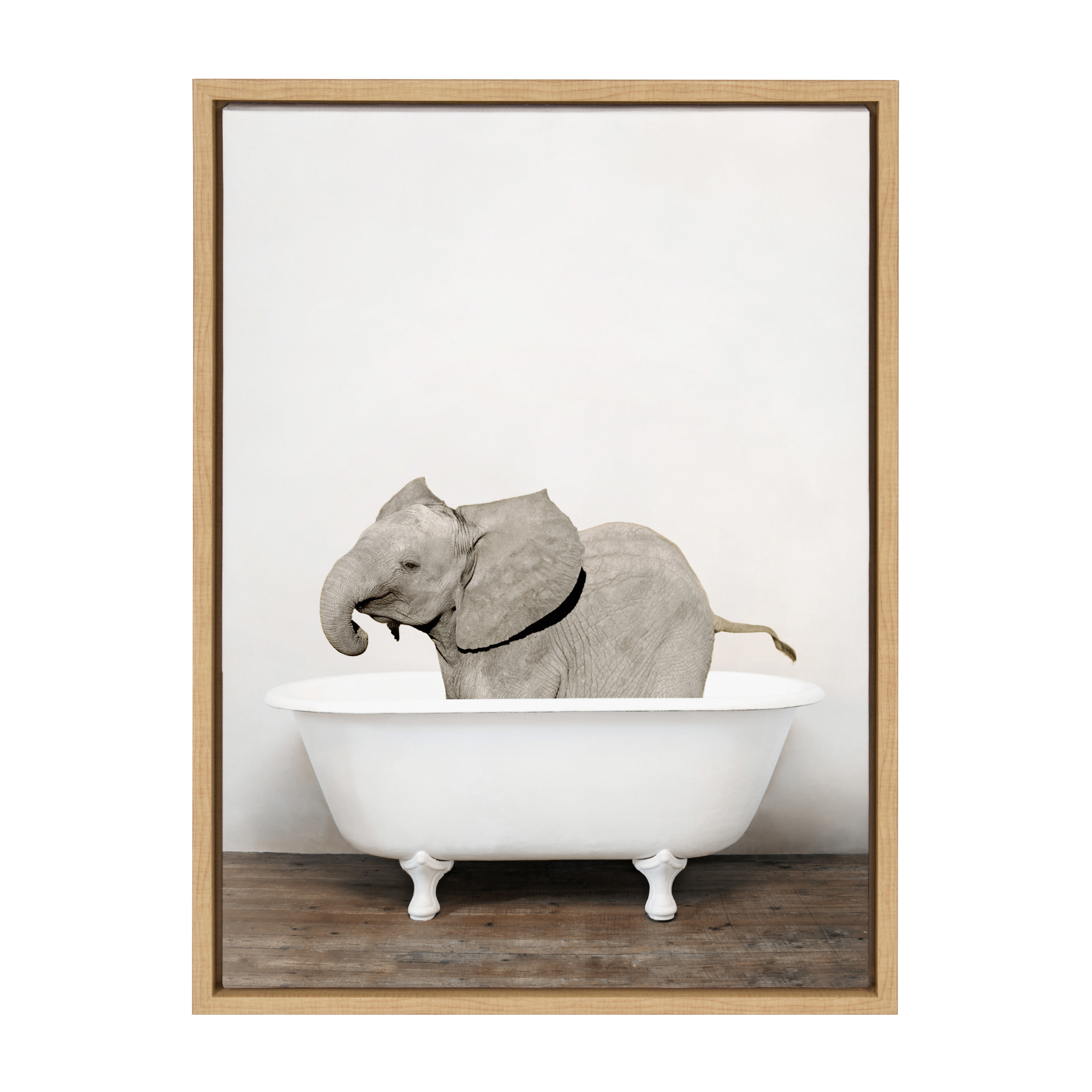 Kate and Laurel Sylvie Baby Elephant in the Tub Color Framed Canvas Wall Art by Amy Peterson Art Studio, 18x24 Natural, Modern Fun Decorative Bathtub Wall Art for Home Décor