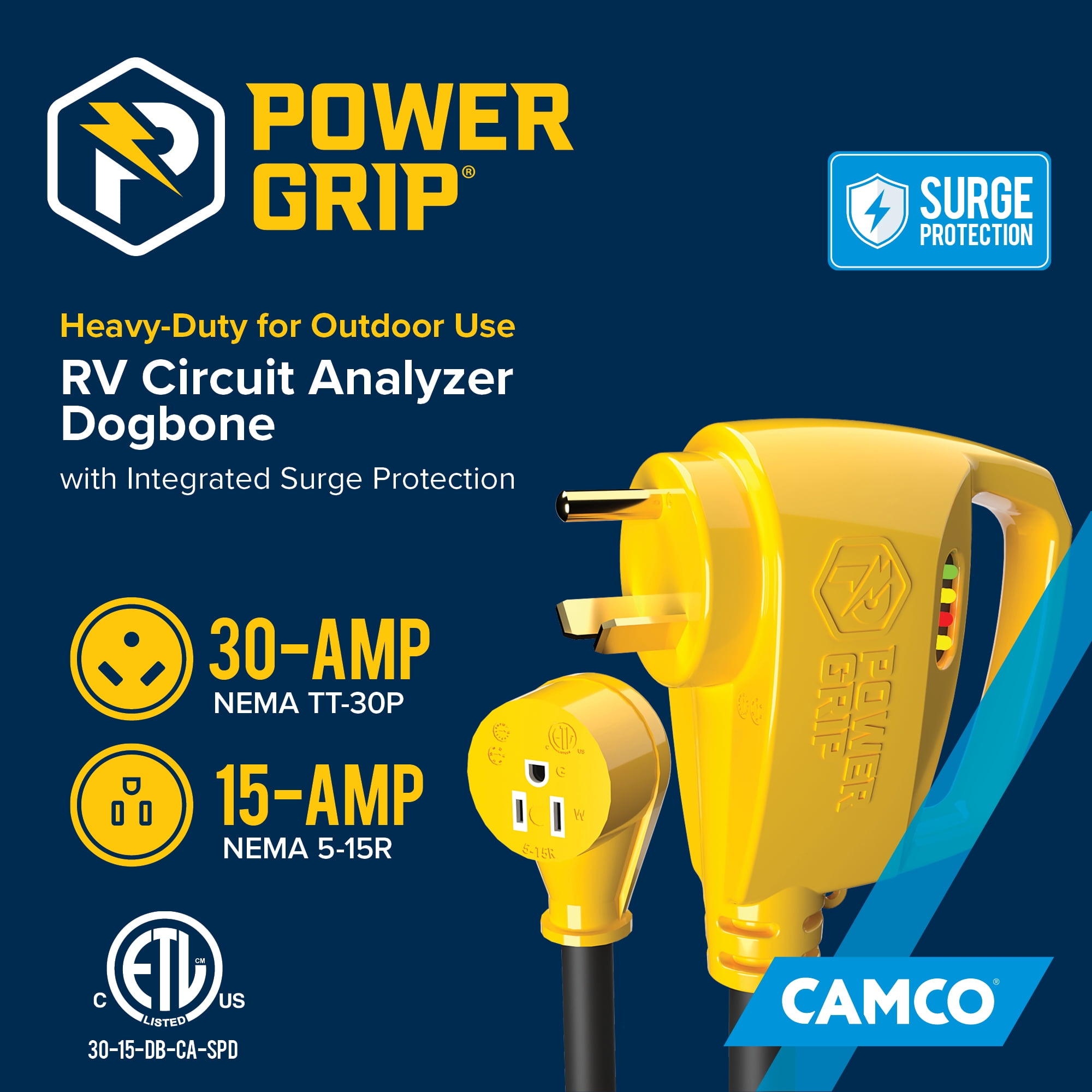 Camco Power Grip Dogbone Circuit Analyzer for RV Camping- 30/15 Amp - 12" (55461)
