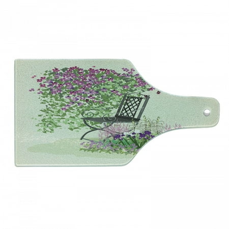 

Garden Cutting Board Island for Relaxing in the Garden Among the Flowers Blooming Summer Day Art Decorative Tempered Glass Cutting and Serving Board Wine Bottle Shape Purple Green by Ambesonne