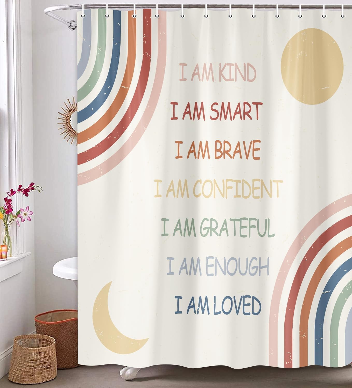 Rainbow Shower Curtain for Kids, Inspirational Quotes Shower Curtain Set for Bathroom, Abstract Boho Positive Teen Fabric Shower Curtain Restroom Bathtub Decor Accessories with Hooks