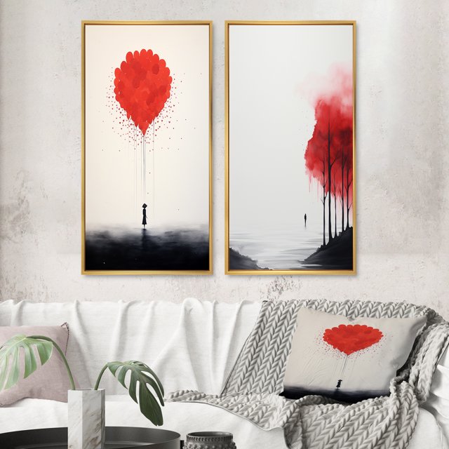 Designart "Tender Red Serenity Minimal Watercolor II" Abstract Landscape Framed Wall Art Set Of 2 - Modern Red Framed Canvas Set For Living Room Decor