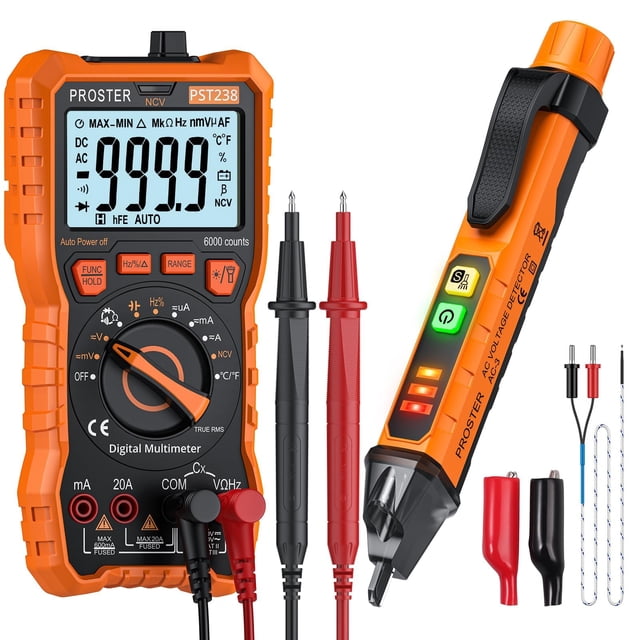 Proster Trousse de Test Électrique avec TRMS 6000 Unités Multimètre et Stylo Testeur de Tension Sans Contact Compteurs Électriques pour Réparation d'Appareil Bricolage