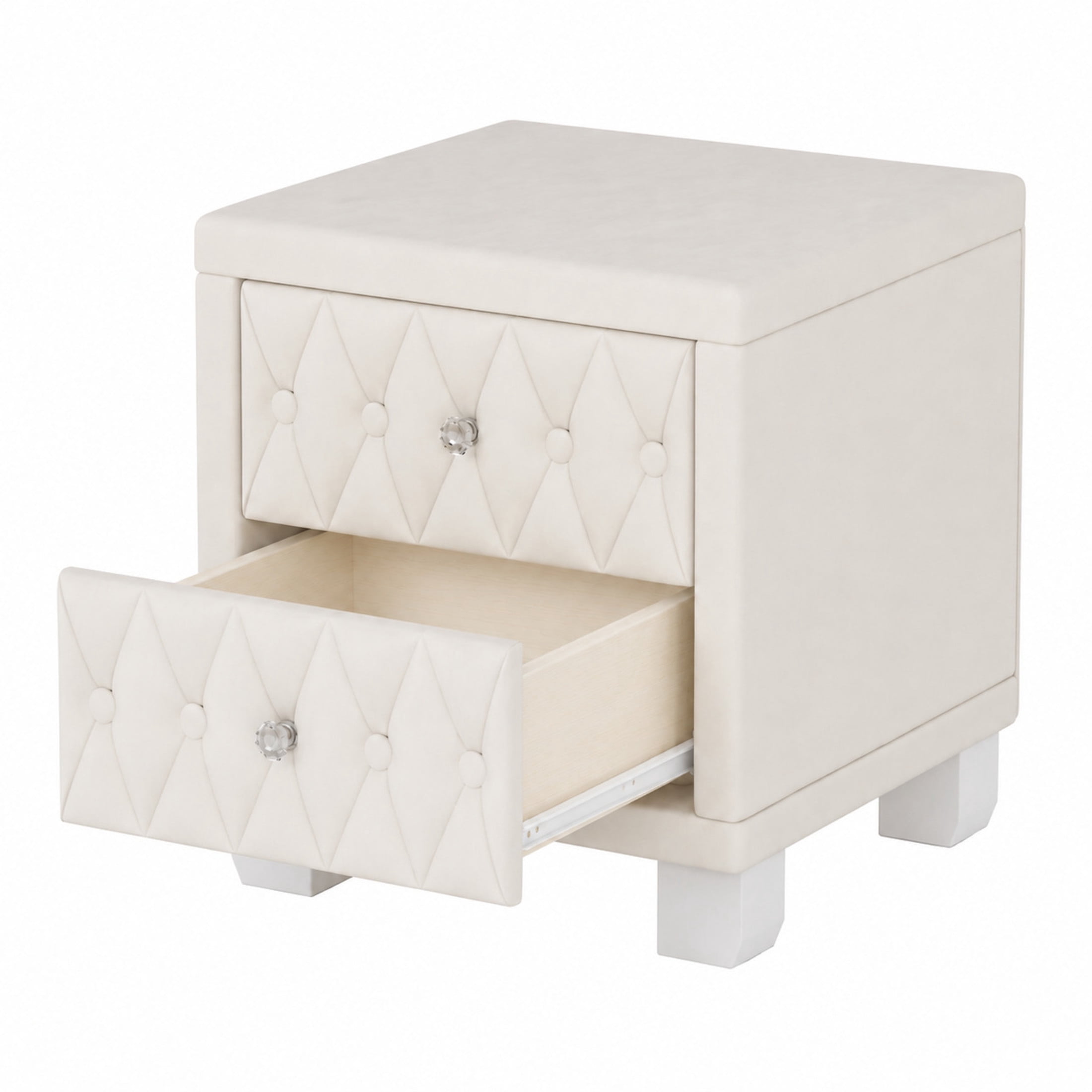 Noble House Velvet Nightstand with Button-Tufted Design, 2 Drawers and Crystal Handles, Beige