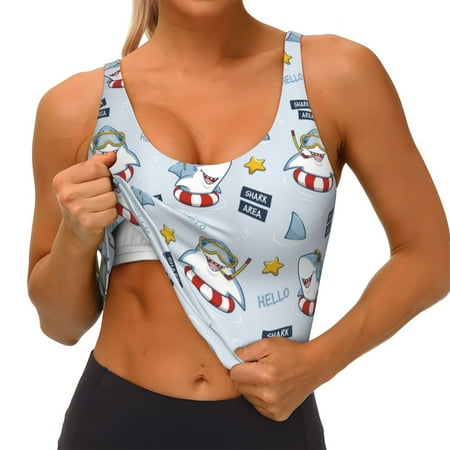 Qokaie Swimming Shark Pattern Womens Scoop Neck Sports Bra Breathable Workout Vest Padded U Back Medium Impact Fitness Gym Yoga Bra Workout Crop Top