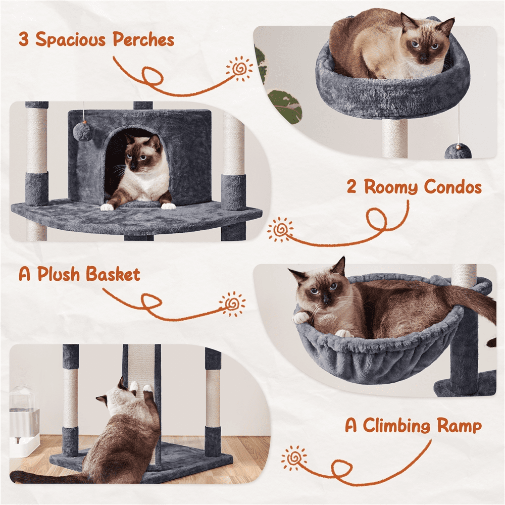 Alden Design 76"H Large Multilevel Cat Tree Tower with Condos and Perches, Dark Gray