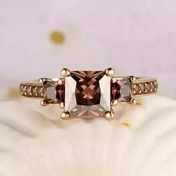 Mahablijewels Engagement Wedding Band Ring Brown Diamond Princess Cut 14K Rose Gold Finish