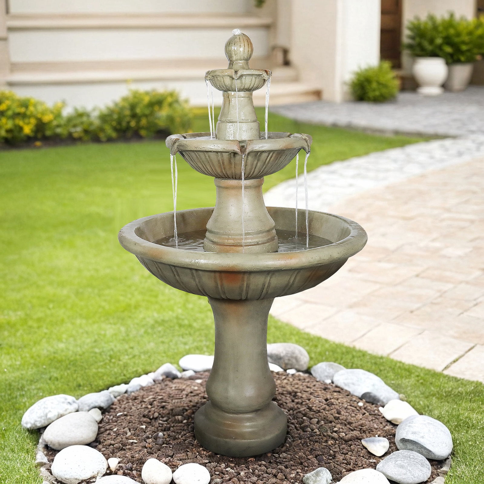 Hamiedun 51.5" H Freestanding Outdoor Water Fountain – Stone-Look Weather-Resistant Easy Setup Classic 3-Tier Garden Feature with Electric Pump for Patios, Yards & Courtyards