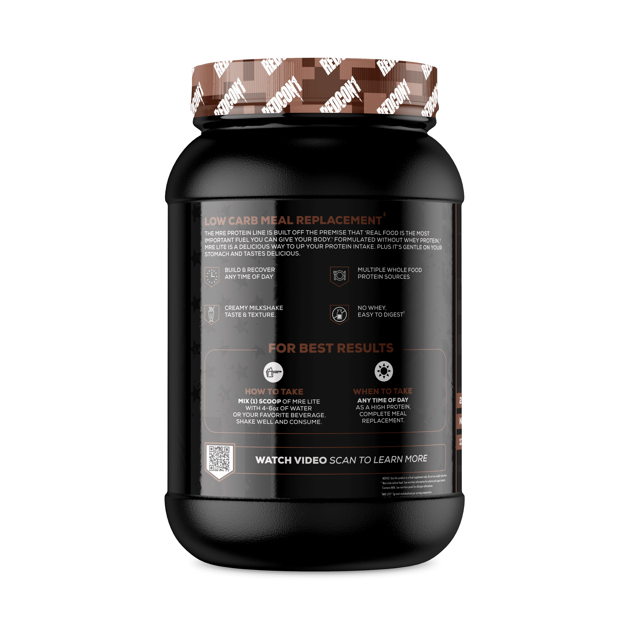 REDCON1 MRE Lite Whole Food Protein Powder, Fudge Brownie - Low Carb & Whey Free Meal Replacement with Animal Protein Blends - Easy to Digest Supplement Made with MCT Oils (30 Servings)