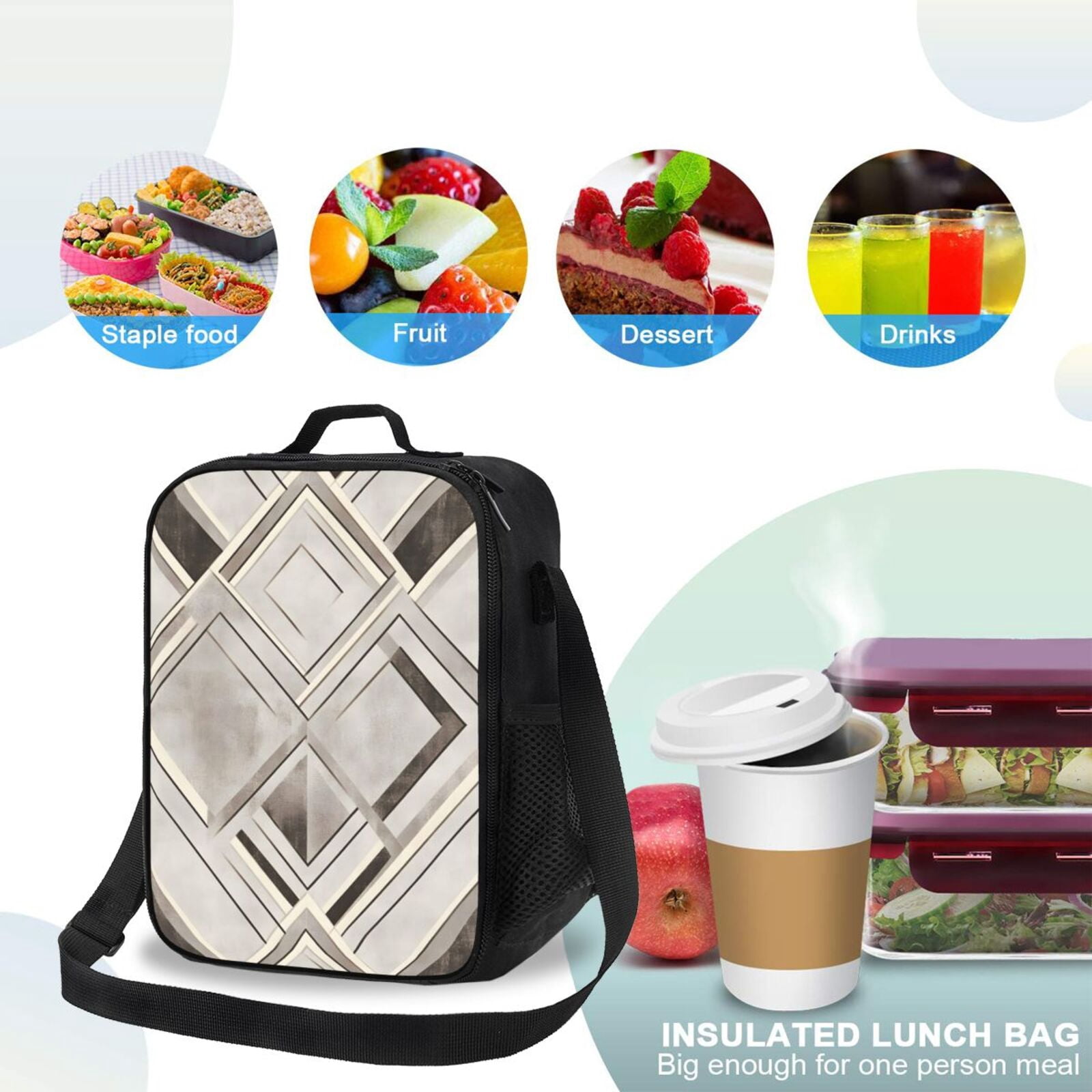 Thermal Insulation One Shoulder Portable Bento Bag Can Be Reused 8×10.5in For Carrying Drinks Bento Box Fruit Snacks Lightslategray Geometric Lines_1