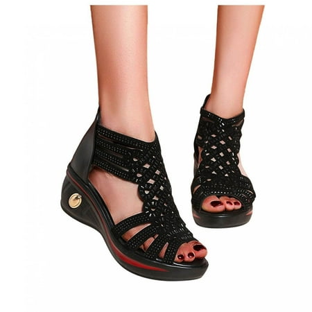 

Summer Sandals For Women Wedge Slip On Sandals Crystal Hollow Roman Shoes Open Toe Casual Sandals
