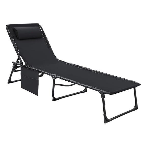 WDZS Foldable Chaise Lounge Chair 5-Position Adjustable, Tanning Chair with Side Pocket, Outdoor Sunbathing for Pool, Beach, Patio, Lawn, Indoor Recliner Chair for Napping(Black, 1 Pcs)