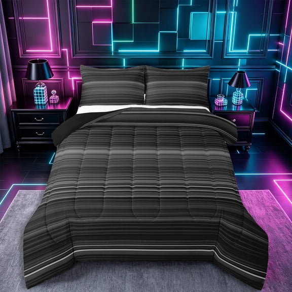 Castle Fairy Geometric Gradient Horizontal Stripe Full Size Comforter Sets 3-Piece,Minimalist Thin Line Bedding Comforter Set,Black Gray Silver,Reversible,1 Comforter and 2 Pillowcases
