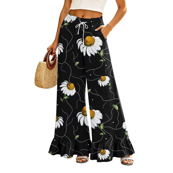 Sewkxo Womens Wide Leg Pants Drawstring Elastic High Waisted Ruffle Hem Palazzo Pants with Pockets,Black L
