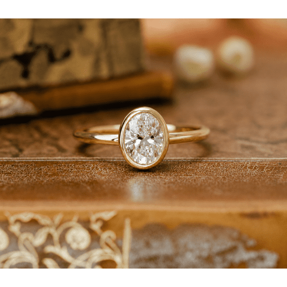 Diiro Modern Oval Cut Moissanite Ring, Bezel Setting, 10K Yellow Gold Vermeil Promise Ring, Solitaire Ring for Women