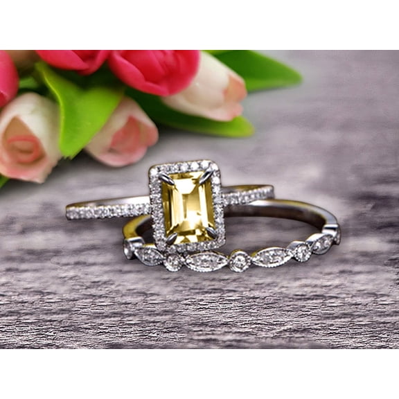 2.25 Carat Classic 7x5mm Emerald Cut 10k White Gold Art Deco Milgrain Bridal Champagne Diamond Moissanite Wedding Ring Set