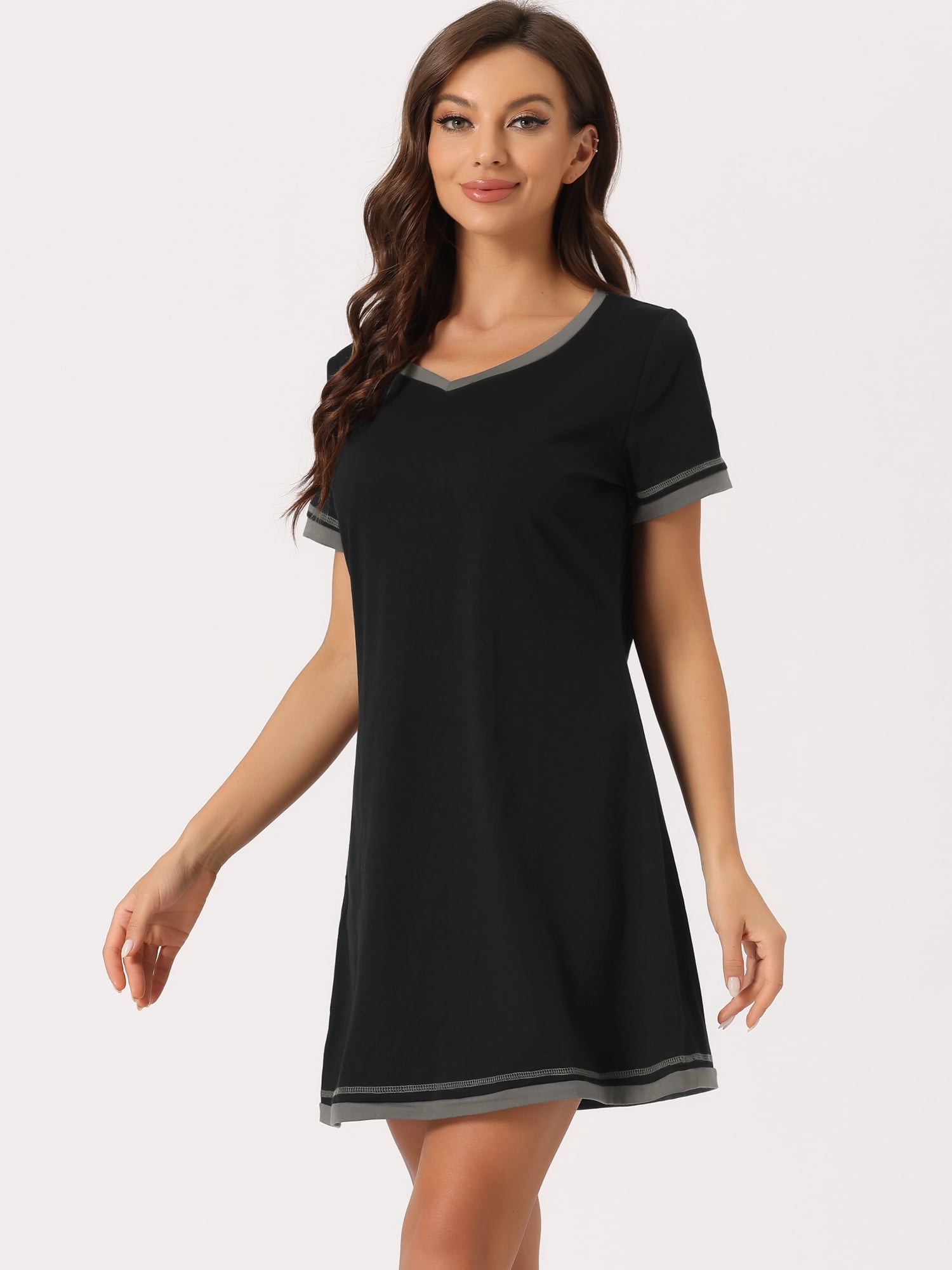 DARING DIVA Women's Short Sleeve V Neck Contrast Color Nightgown Sleepdress M Black